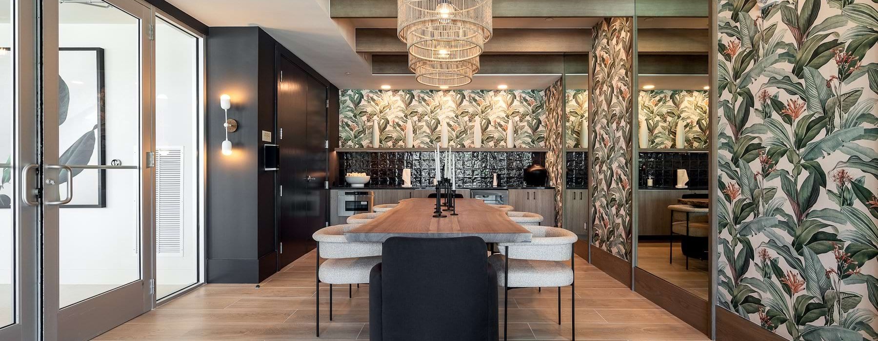 a clubroom with a table and chairs