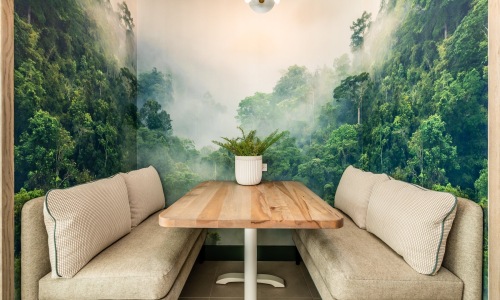 a booth with a table